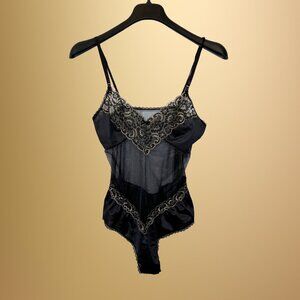 Vintage 1980s Joan Collins Collection Black Lace Nylon Bodysuit/Teddy Lingerie L